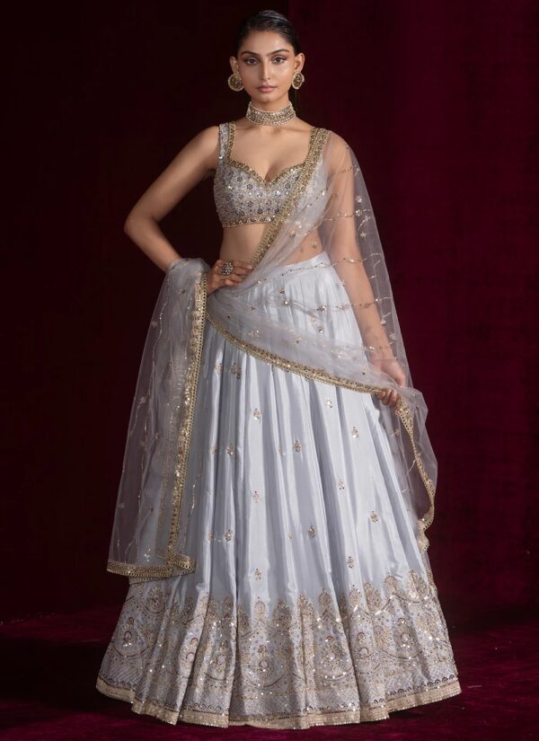 Silver Color Satin Silk Fabric Sequence With Jari Work Lehenga