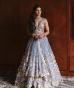 Sky Blue Color Net Fabric Foil Paper With Jari Work Lehenga