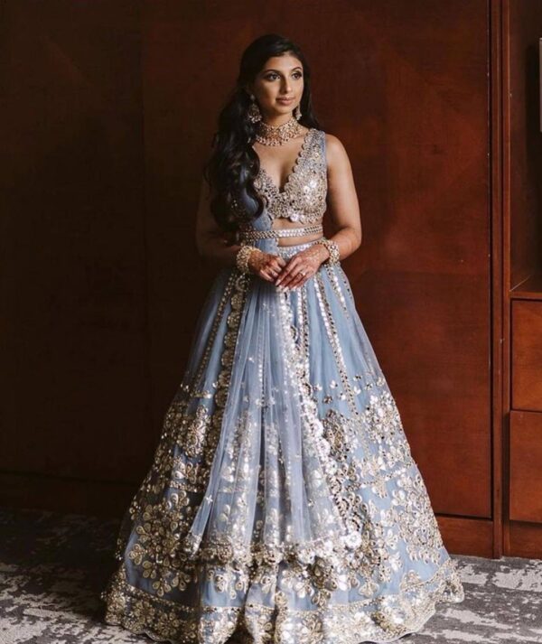 Sky Blue Color Net Fabric Foil Paper With Jari Work Lehenga