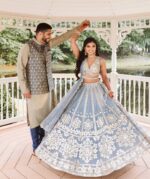Sky Blue Color Net Fabric Foil Paper With Jari Work Lehenga