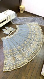 Sky Blue Color Net Fabric Foil Paper With Jari Work Lehenga