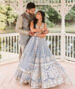 Sky Blue Color Net Fabric Foil Paper With Jari Work Lehenga