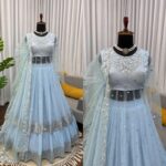 Sky Color Faux Georgette Fabric Sequence Work Lehenga Gown