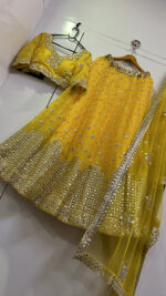 Special For Haldi Yellow Color Georgette Fabric Paper Mirror Work Lehenga
