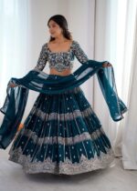 Teal Blue Color Faux Georgette Fabric Sequence Work Lehenga