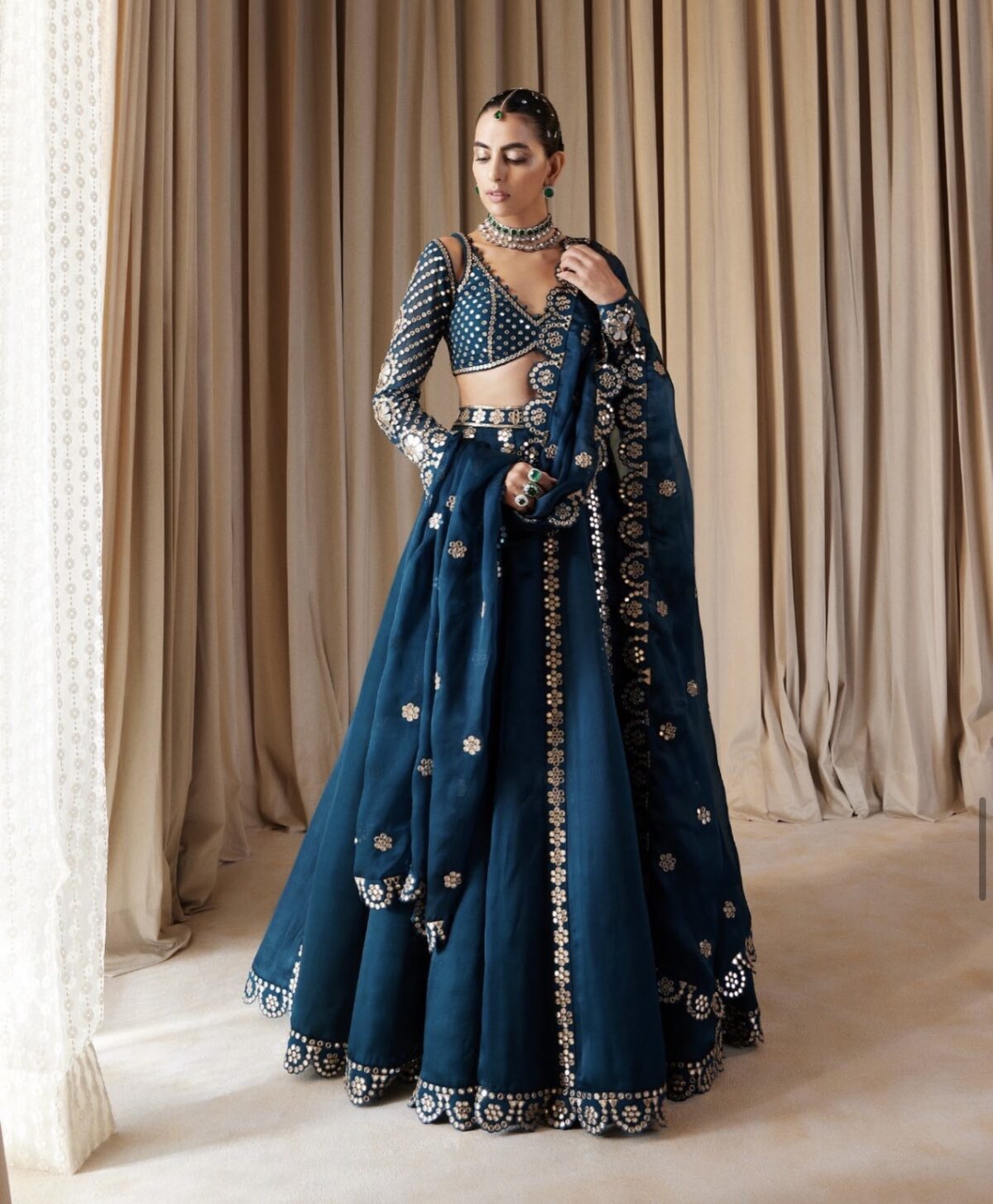 Teal Blue Color Malai Silk Fabric Sequence With Jari Work Lehenga