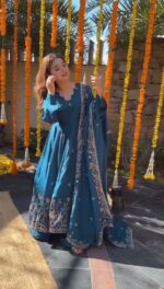 Teal Blue Color Natural Crepe Silk Fabric Sequence Work Palazzo Suit