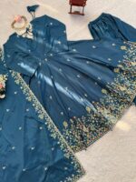 Teal Blue Color Natural Crepe Silk Fabric Sequence Work Palazzo Suit