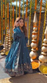 Teal Blue Color Natural Crepe Silk Fabric Sequence Work Palazzo Suit