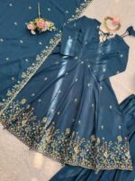 Teal Blue Color Natural Crepe Silk Fabric Sequence Work Palazzo Suit