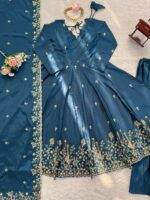 Teal Blue Color Natural Crepe Silk Fabric Sequence Work Palazzo Suit