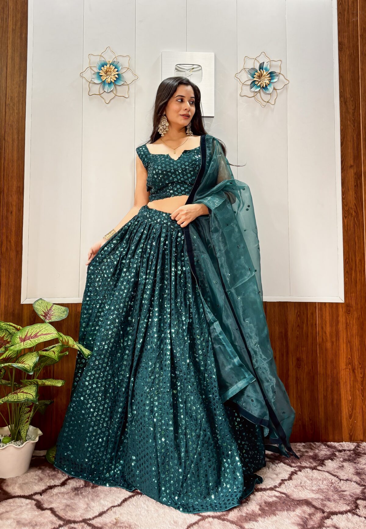 Teal Green Color Georgette Fabric Sequence Work Lehenga