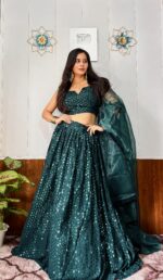 Teal Green Color Georgette Fabric Sequence Work Lehenga