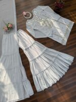 White Color Faux Georgette Fabric Sequence With Thread Work Sharara Set