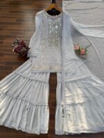 White Color Faux Georgette Fabric Sequence With Thread Work Sharara Set