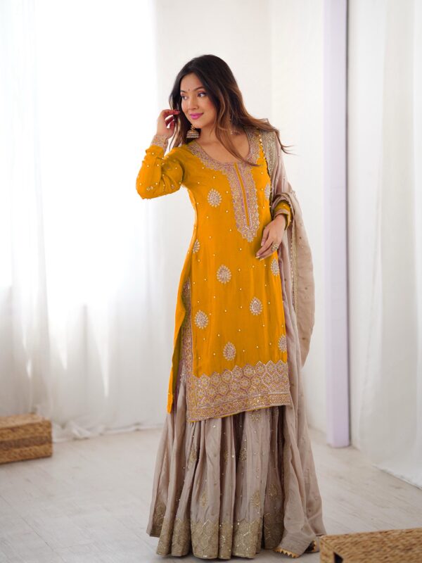 Yellow Color Chinon Silk Fabric Pearl Work Sharara Suit