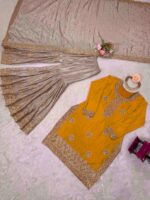 Yellow Color Chinon Silk Fabric Pearl Work Sharara Suit
