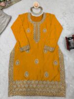 Yellow Color Chinon Silk Fabric Pearl Work Sharara Suit