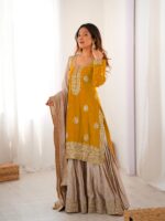 Yellow Color Chinon Silk Fabric Pearl Work Sharara Suit