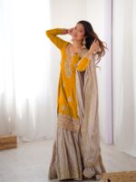 Yellow Color Chinon Silk Fabric Pearl Work Sharara Suit