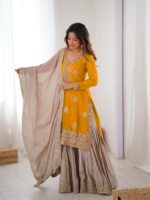 Yellow Color Chinon Silk Fabric Pearl Work Sharara Suit
