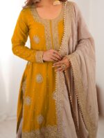 Yellow Color Chinon Silk Fabric Pearl Work Sharara Suit