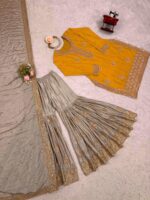 Yellow Color Chinon Silk Fabric Pearl Work Sharara Suit