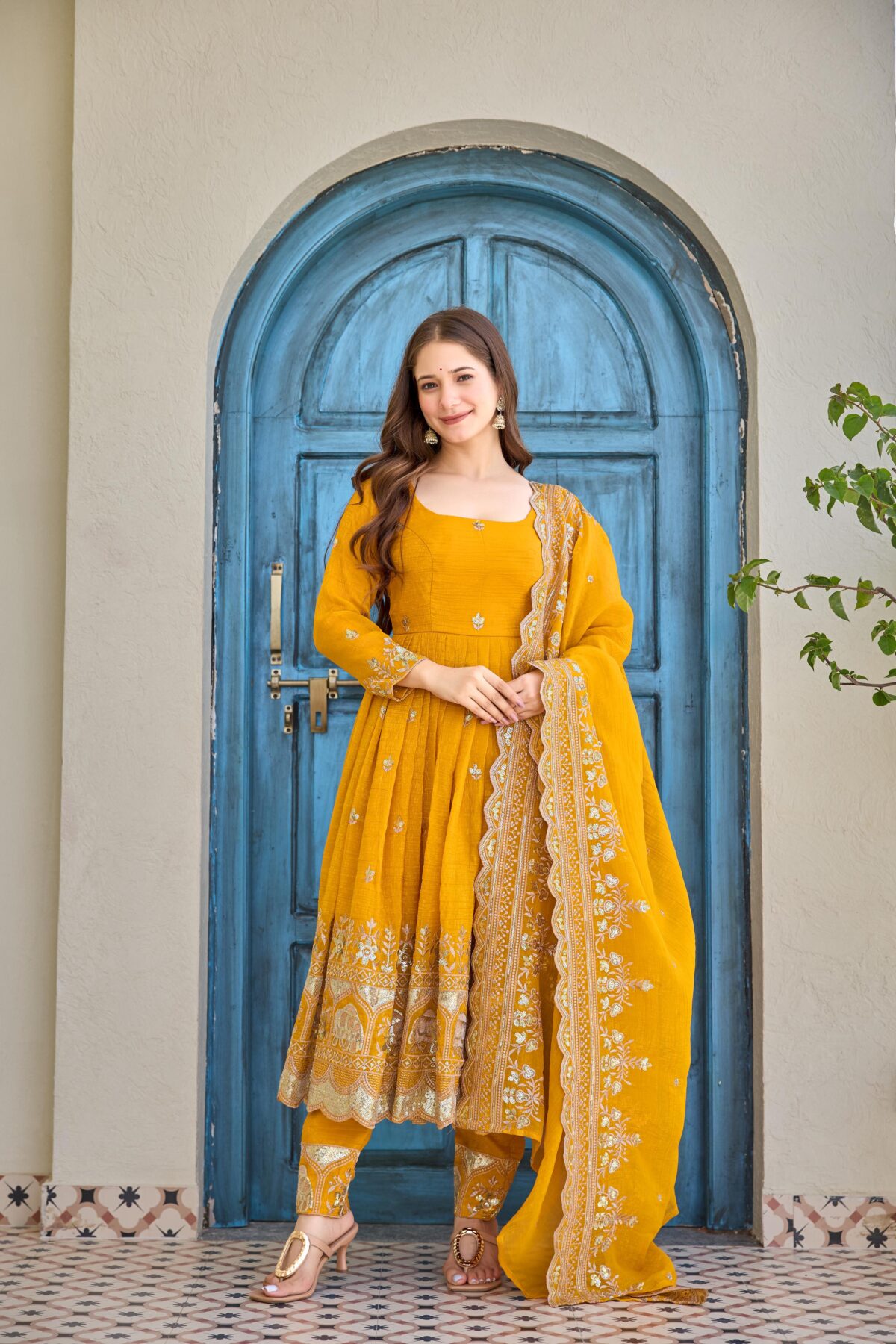 Yellow Color Crunchy Silk Fabric Sequence Work Anarkali Suit