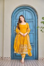 Yellow Color Crunchy Silk Fabric Sequence Work Anarkali Suit