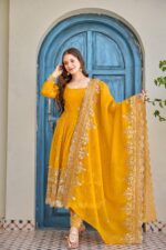 Yellow Color Crunchy Silk Fabric Sequence Work Anarkali Suit