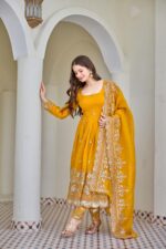 Yellow Color Crunchy Silk Fabric Sequence Work Anarkali Suit