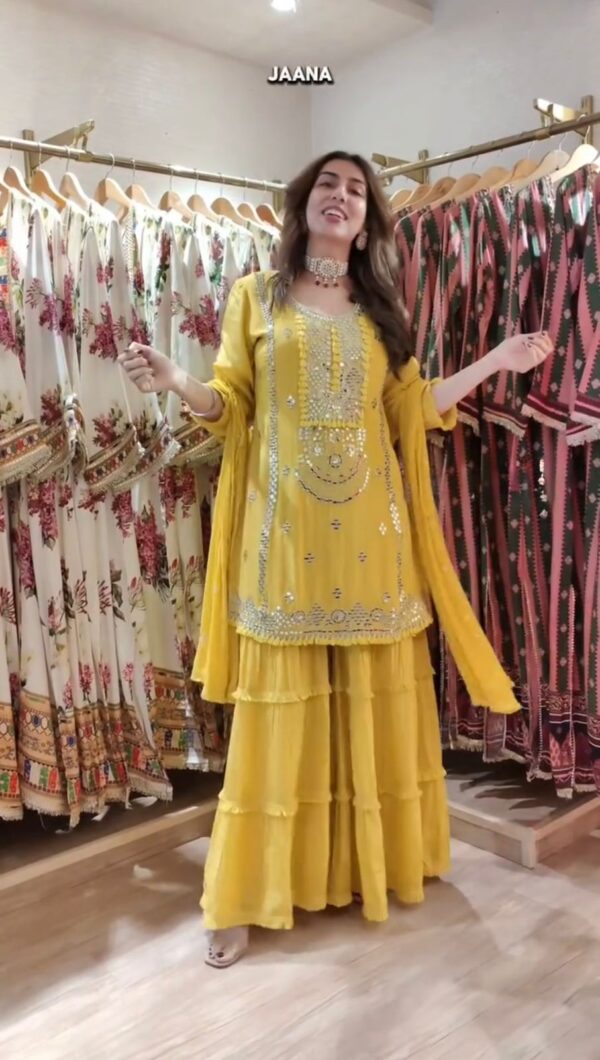 Yellow Color Faux Georgette Fabric Sequence With Thread Work Sharara Set