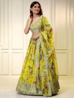 Yellow Color Organza Fabric Digital Print Work Lehenga