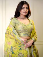 Yellow Color Organza Fabric Digital Print Work Lehenga