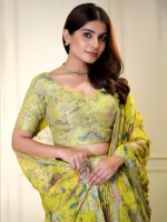 Yellow Color Organza Fabric Digital Print Work Lehenga