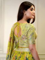 Yellow Color Organza Fabric Digital Print Work Lehenga