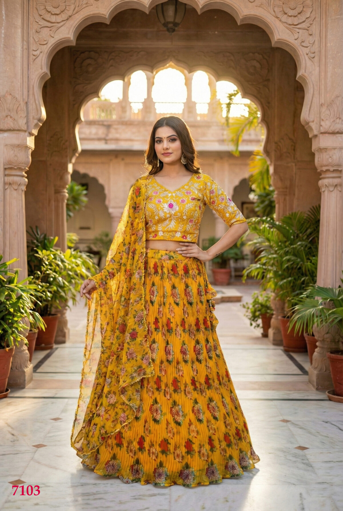 Yellow Color Organza Fabric Floral Print Work Lehenga