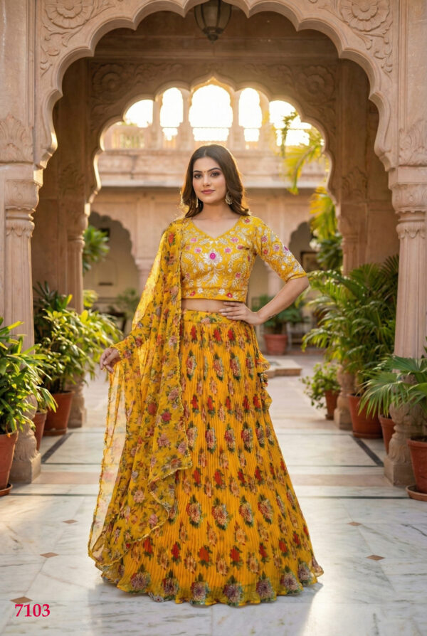 Yellow Color Organza Fabric Floral Print Work Lehenga
