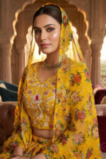 Yellow Color Organza Fabric Floral Print Work Lehenga