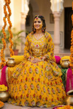 Yellow Color Organza Fabric Floral Print Work Lehenga