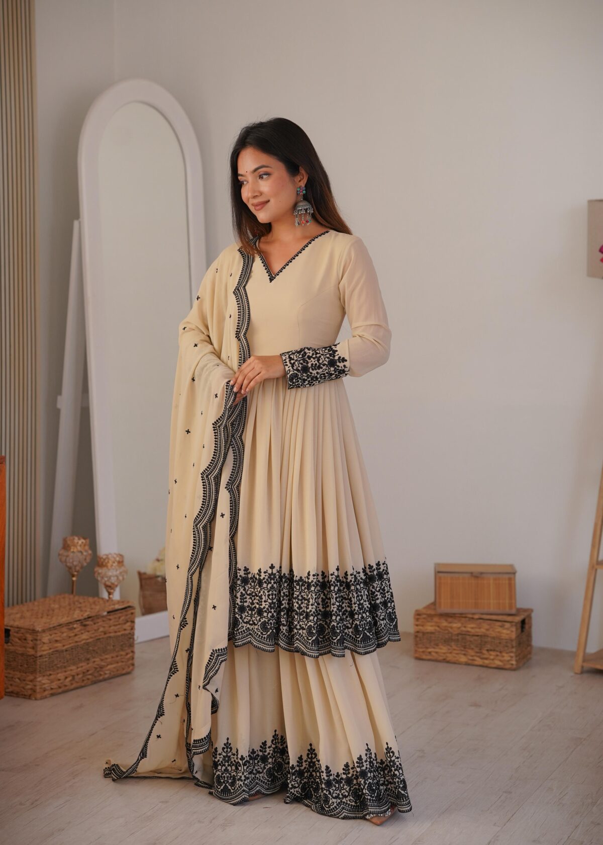 Beige Color Faux Georgette Fabric Thread Work Palazzo Suit