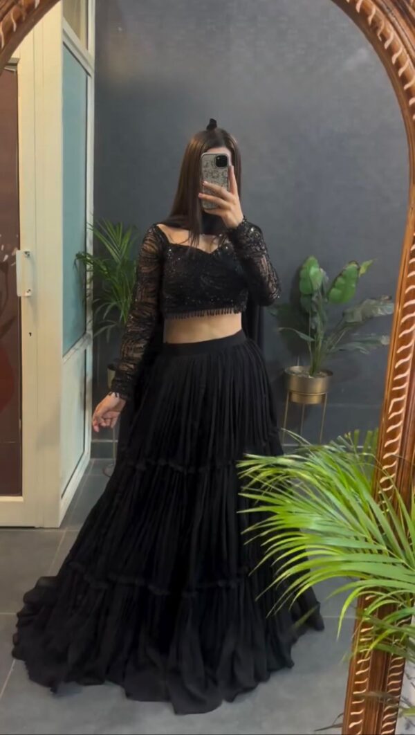 Black Color Faux Georgette Fabric Ruffle Style Lehenga