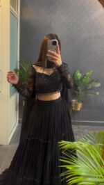 Black Color Faux Georgette Fabric Ruffle Style Lehenga