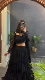 Black Color Faux Georgette Fabric Ruffle Style Lehenga