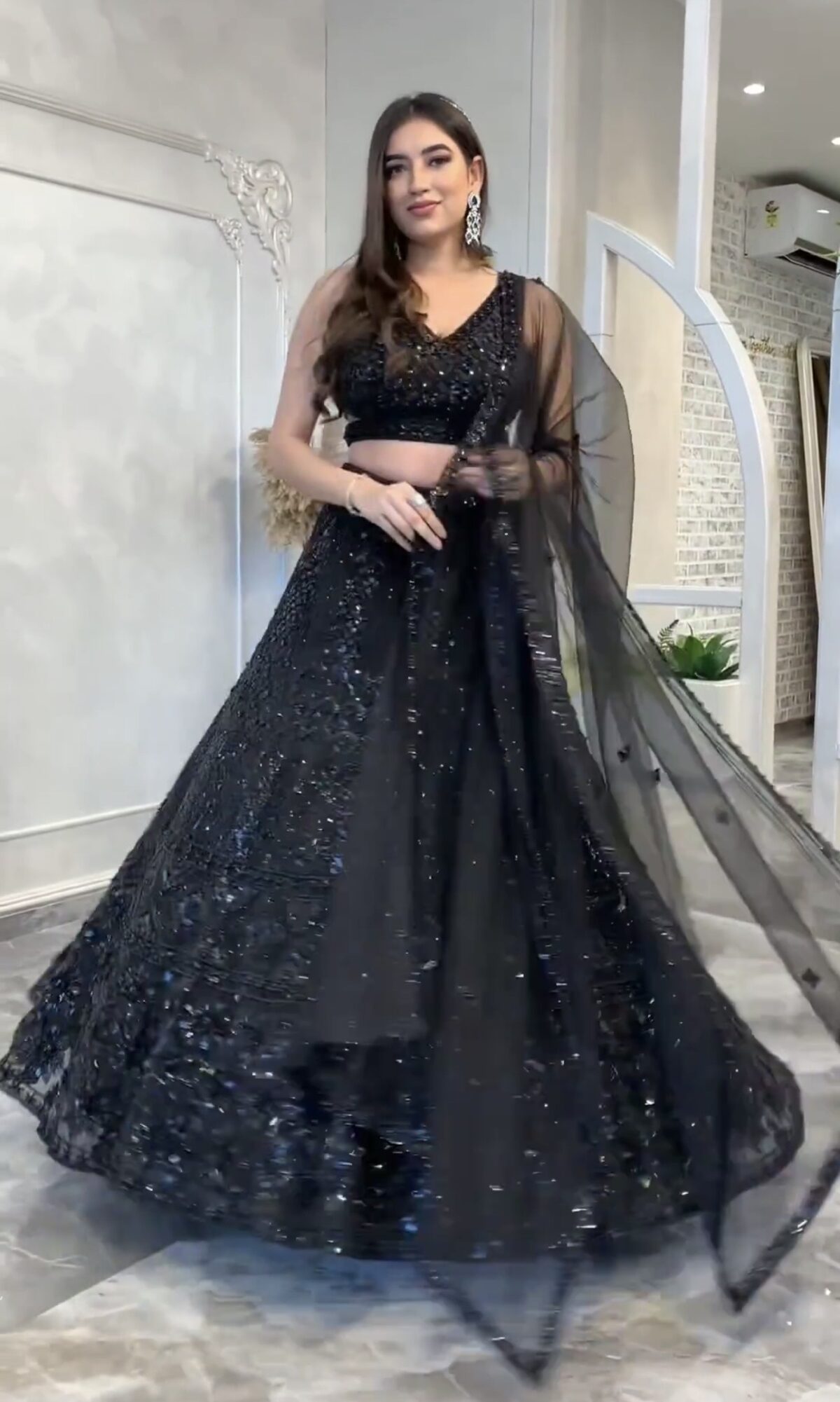 Black Color Net Fabric Sequence And Dori Work Lehenga