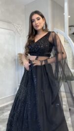 Black Color Net Fabric Sequence And Dori Work Lehenga