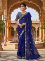 Blue Color Fendi Silk Fabric Sequence With Bead Work Saree