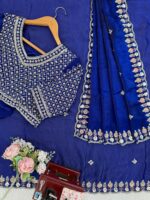Blue Color Fendi Silk Fabric Sequence With Bead Work Saree