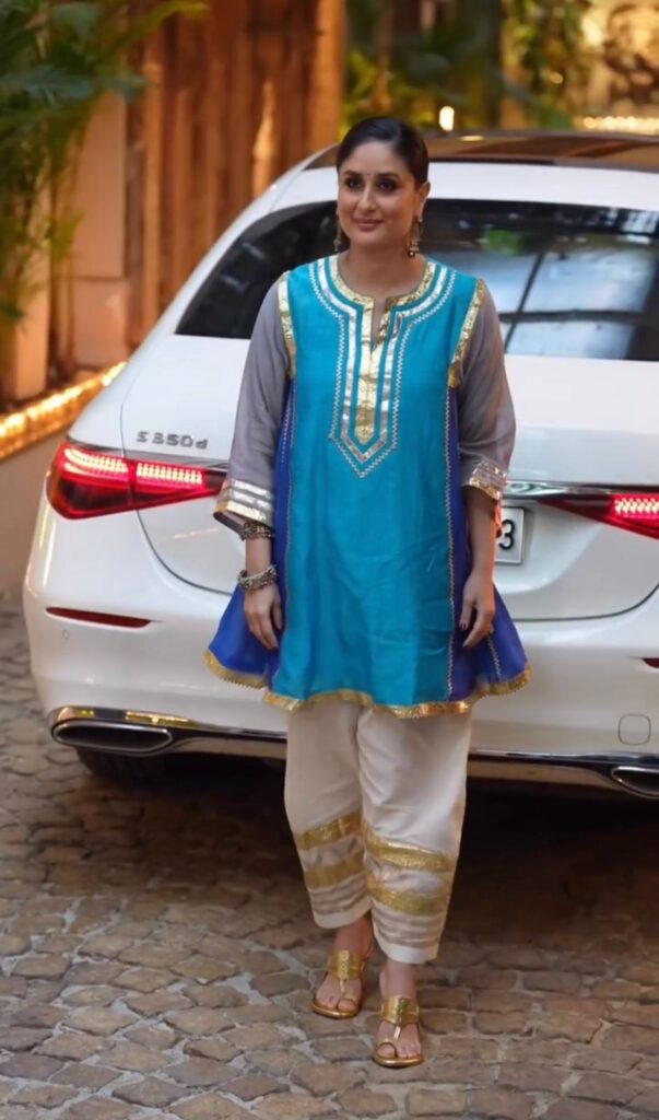 Bollywood Actress Kareena Kapoor Sky Blue Color Chinon Fabric Gota Patti Pattern Suit