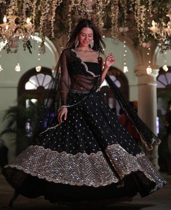 Bollywood Actress Sonam Bajwa Black Color Georgette Fabric Sequence Work Lehenga